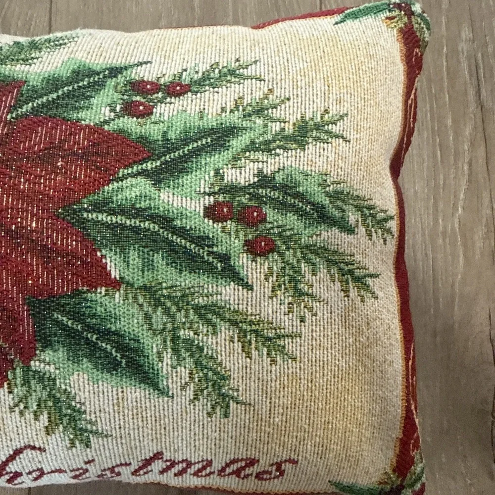 Luxury Christmas Poinsettia Tapestry Needlepoint Pillow‎ Pine Berries Mistletoe